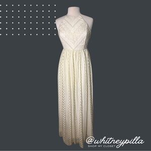 Gianni Bini Ivory and Gold Embroidered Halter Lace Maxi Dress Women’s size 2